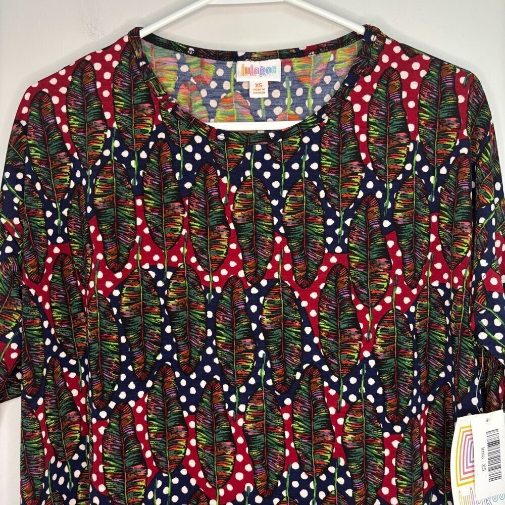 LULAROE NEW Irma Women's XS Red Navy Feathers Stretch Hi-Lo Comfy